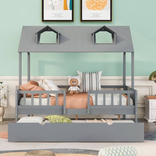slide 2 of 13, Full Size Creativity House Bed Playhouse Wood Bed with Twin Size Trundle Bed and Window Gray