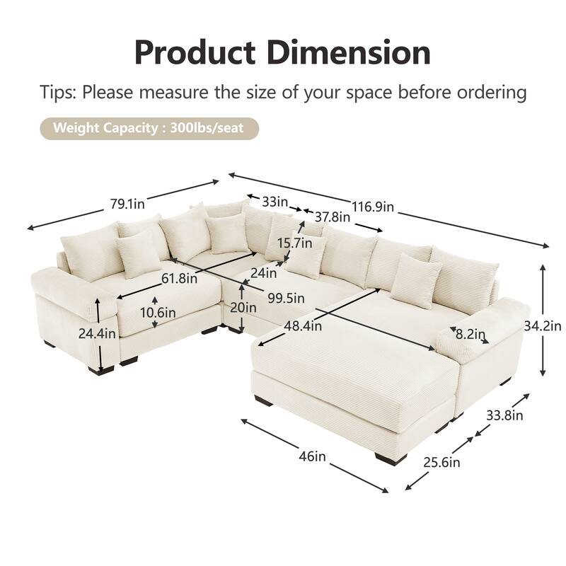 GDFStudio - Corduroy 5-Seater 116.9" Cloud Modular Sectional Couch with Ottoman