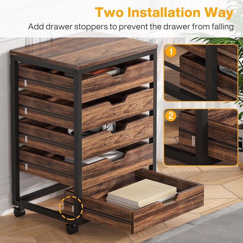 5 Drawer Chest, Wood Storage Dresser Cabinet with Wheels, Industrial Storage Drawer Organizer Cart for Office (1 PC)