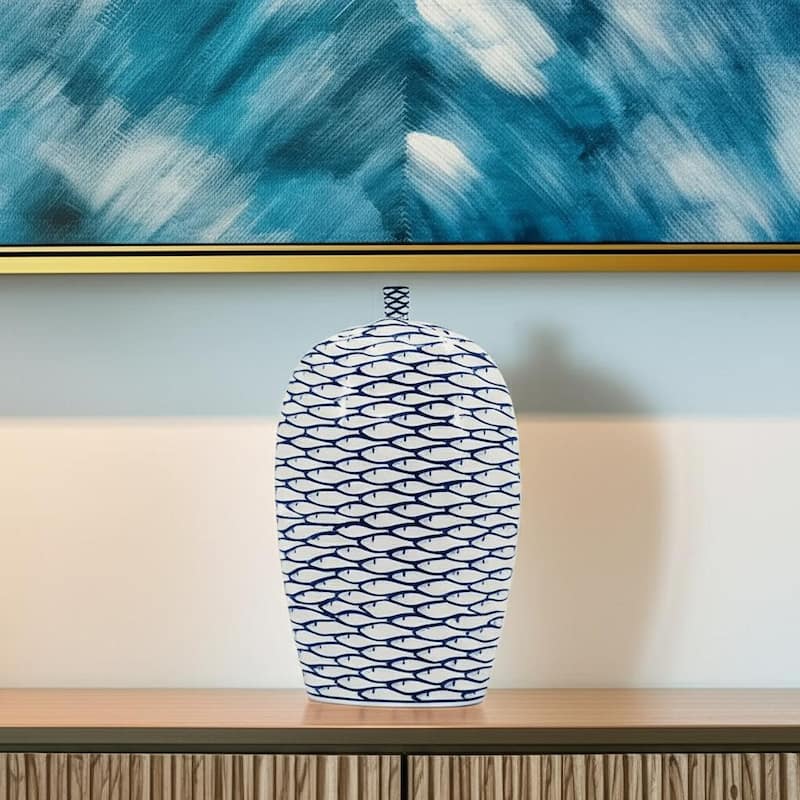 16" Blue And White Fish Print Oval Ceramic Table Vase - 11.80 - White/Blue - 11.80