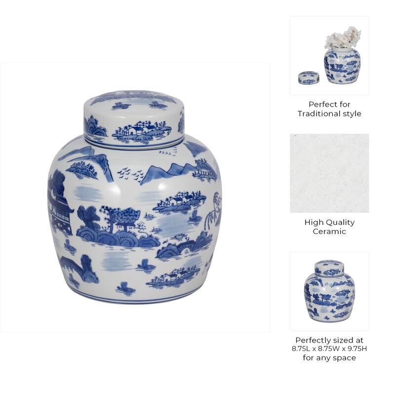Rectangular Chinoiserie Ceramic Table Jar with Lid