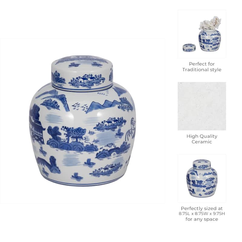 Sagebrook Home Stoneware Ceramic Chinoiserie Decorative Container with Lid