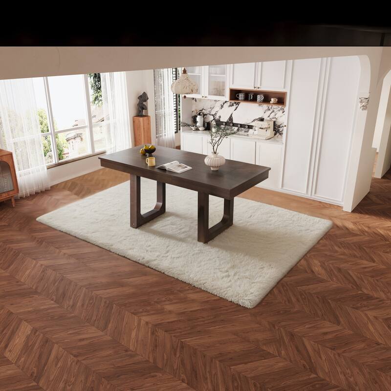 60"-78" Extendable Dining Table with Smooth Rails, Wooden Kitchen Table with Removable Leaf, Double U-Shape Base