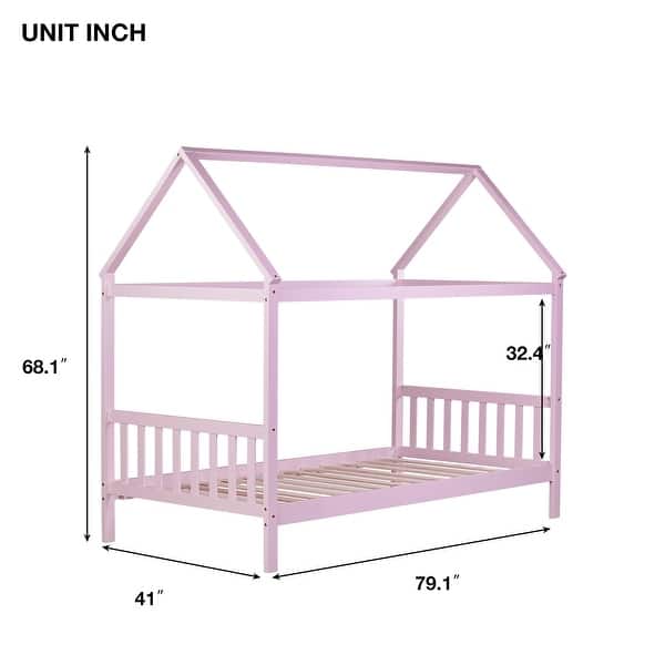dimension image slide 3 of 5, Twin Size Solid Wood House Frame Platform Bed, with Headboard and Footboard, with Underbed Storage Space, Minimalist Kids Bed