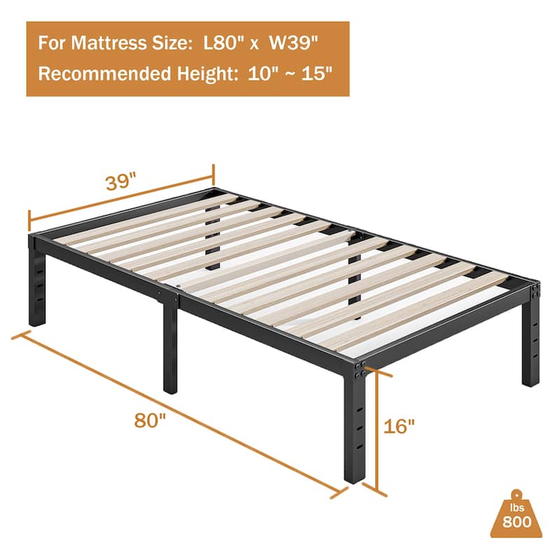 16 Inch Black Metal Platform Bed Frame With Wood Slats Support