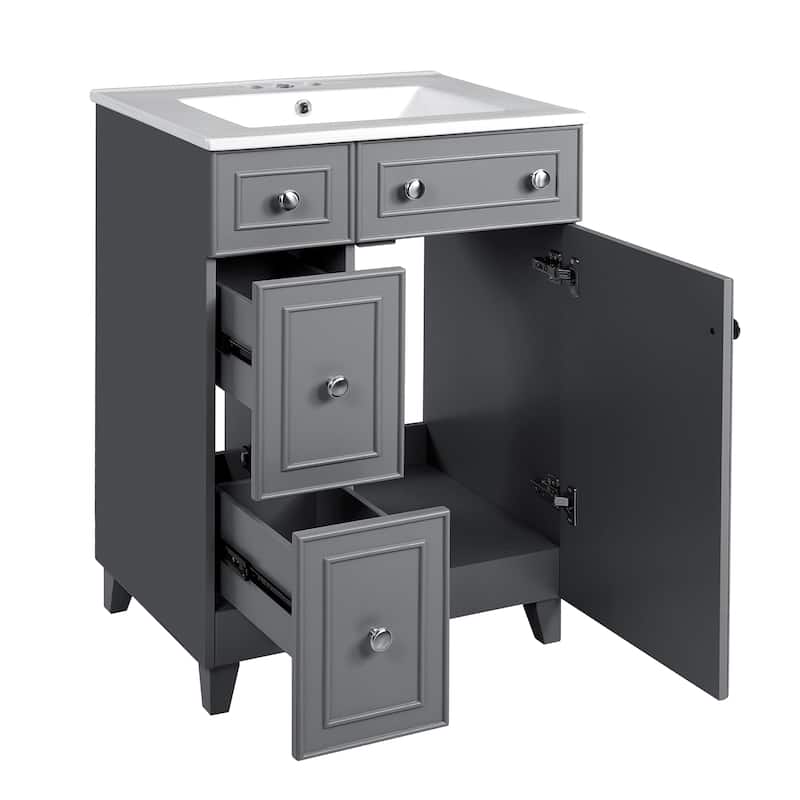 24"Bathroom Vanity Cabinet with Ceramic Sink, 2 Drawers, 1 Soft-Close Door