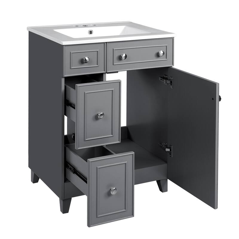 Bathroom Vanity with Sink, Small Bathroom Storage Cabinet with Ceramic Basin, Single Vanity with 2 Drawers and Door