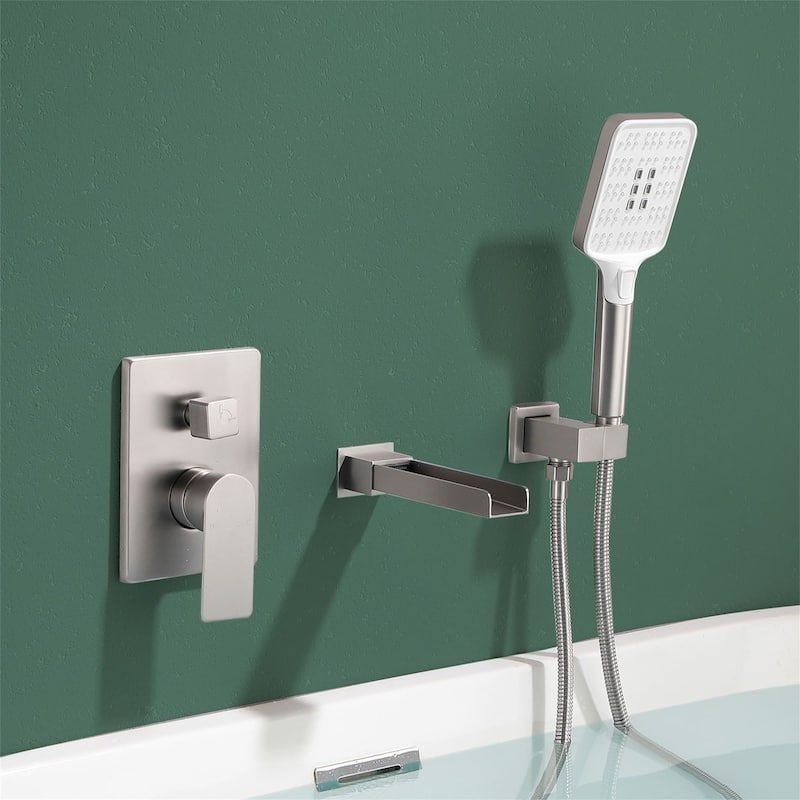 Waterfall Tub Faucet Wall Mounted Single Handle Tub Fillers with Handheld Shower Bathtub Faucet with Rough-in Valve - Brushed Nickel