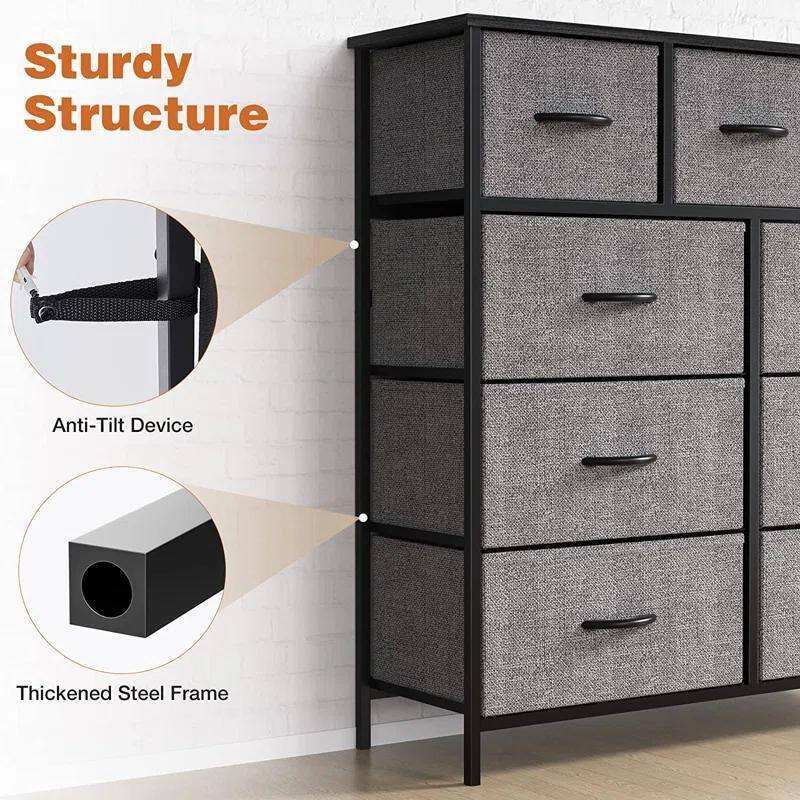Tall Dresser Storage Tower with 9 Fabric Drawers, Grey