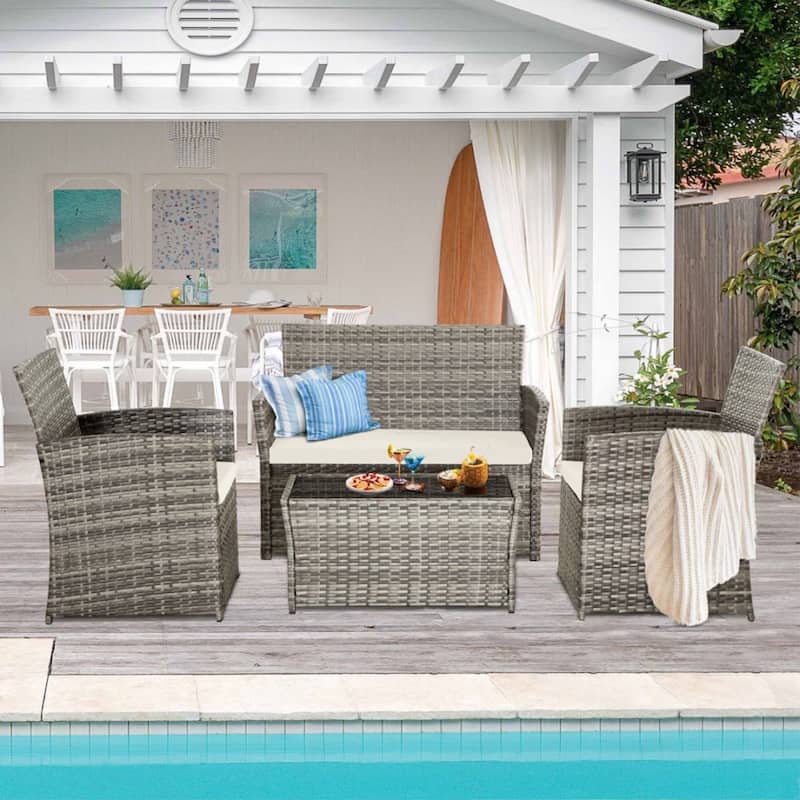4-Piece Wicker Outdoor Sofa Set, 1 Loveseats, 2 Single Sofas, 1 Table - Gray/Beige