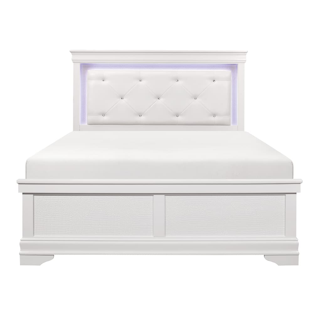 Queen Size Bed with LED Backlit Tufted Headboard, Faux Alligator Embossed Panels, White Finish