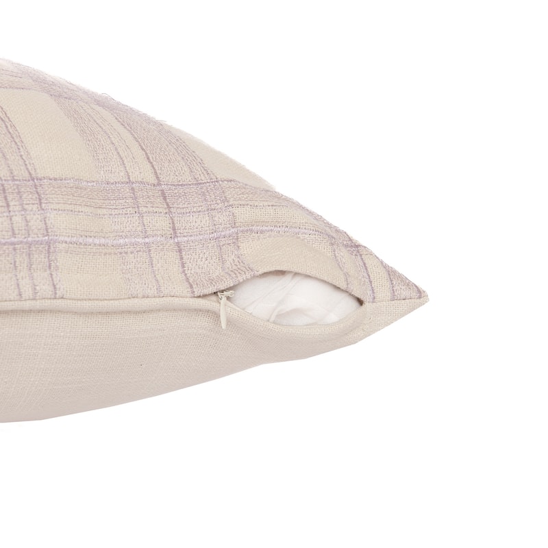 HomeRoots 24" Ivory Check Cotton Blend Throw Pillow With Embroidery