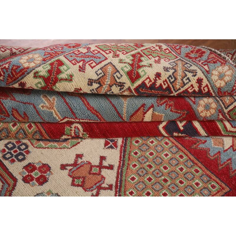 Hand Knotted Oriental 100% Wool Carpet Traditional Geometric Red Kazak Area Rug - 9' 7'' X 6' 4''