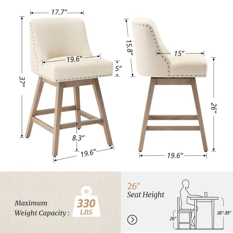 26 in. H Counter Height 360 Free Swivel Bar Stools Upholstered Wooden Counter Stools with Back
