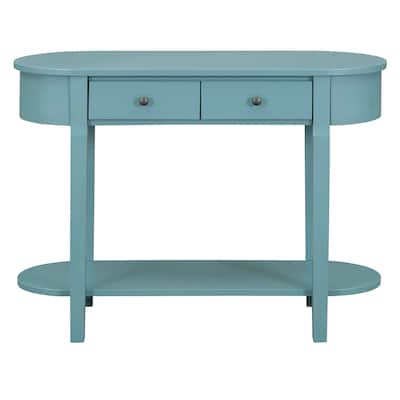 Solid Wood Narrow Console Table with Curved Top Design, 40" Storage Entryway Sofa Table with 2 Drawers and Open Shelves