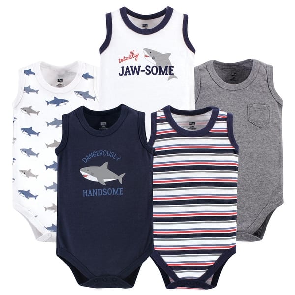 slide 1 of 1, Hudson Baby Infant Boy Cotton Sleeveless Bodysuits 5pk, Shark 0-3 Months - Shark