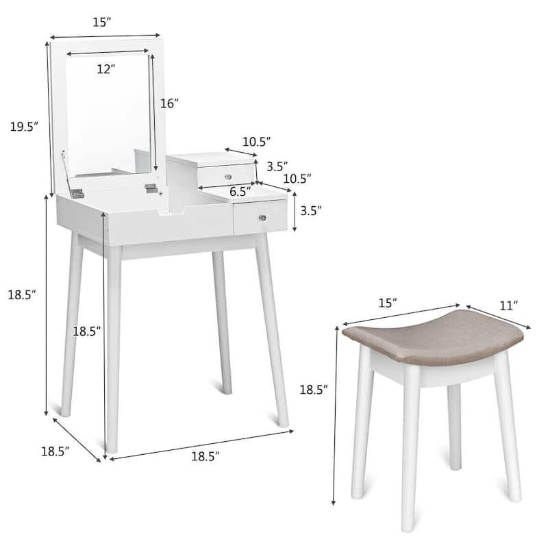 Vanity Dressing Table Set Flip Mirror Desk Furniture Stool - 23.5" x 19.5" x 30" ( L x W x H )