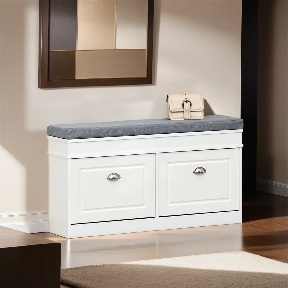 Modern Shoe Rack Bench with Cushion, 2 Drawers, Holds 8 Pairs, White