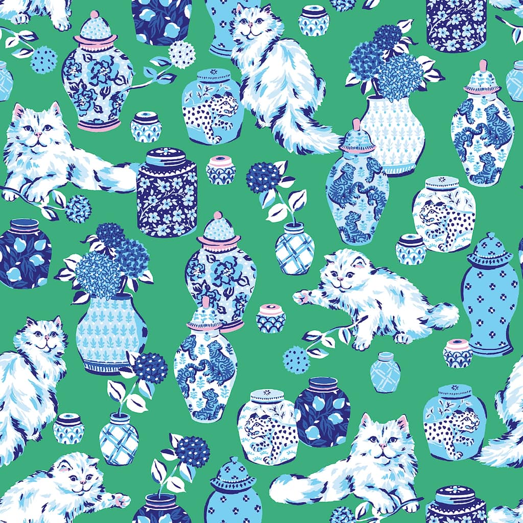 Fancy Cats Green Peel and Stick Wallpaper