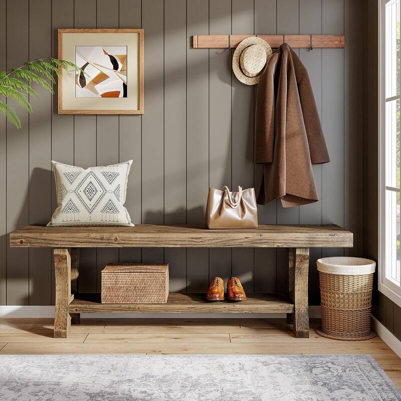 55 Inch Solid Wood Entryway Bench with Shoe Storage, 2-Tier End of Bed Bench Foyer Dining Bench - 55.1" W x 13.8" D x 17.7" H