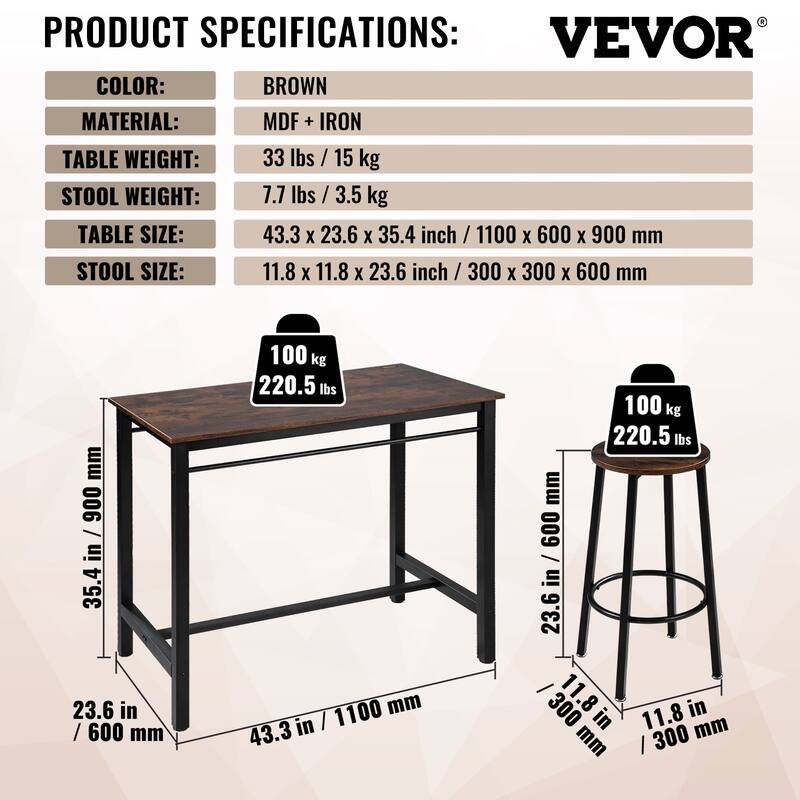 VEVOR Bar Table and Chairs Set Pub Table Set with Bar Stools Kitchen Dining Table and Chairs Set