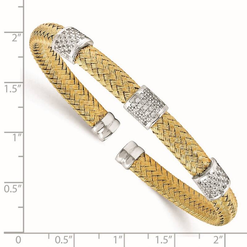 Curata 925 Sterling Silver Polished Yellow Rhodium CZ Cubic Zirconia Simulated Diamond Woven Flexible Cuff Stackable Bangle