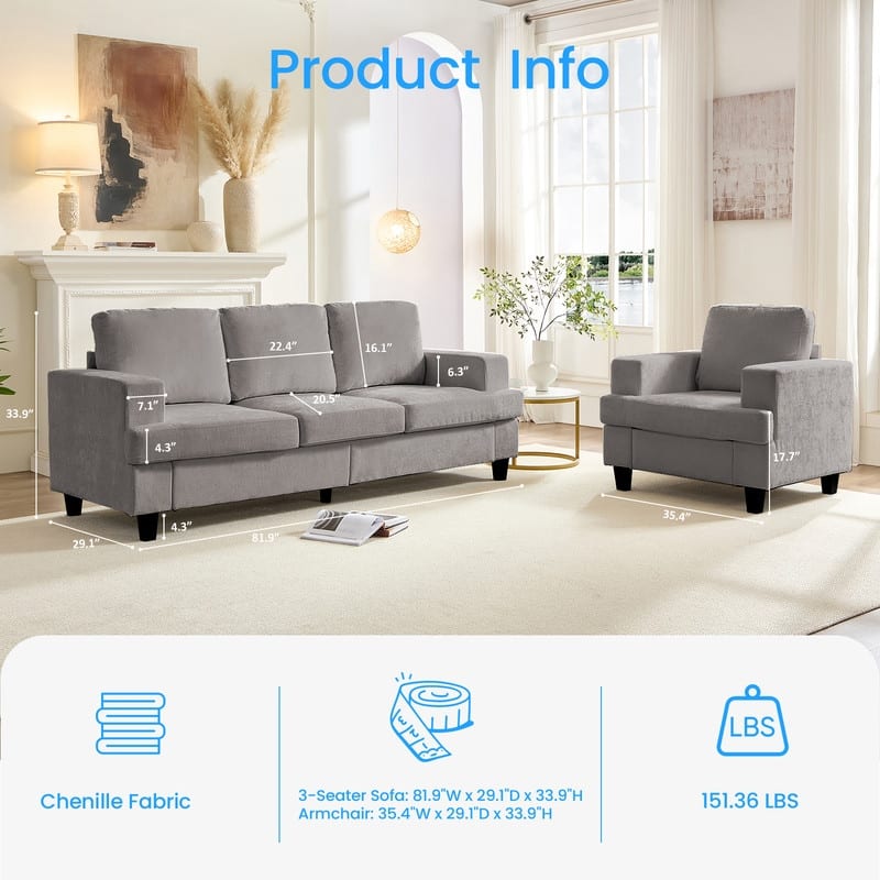 Mixoy Chenille 3 Piece Living Room Sofa Set,3-Seat Sofa/Loveseat/Armchair Sofa Sets,Modular Sectional Couch Furniture Sets
