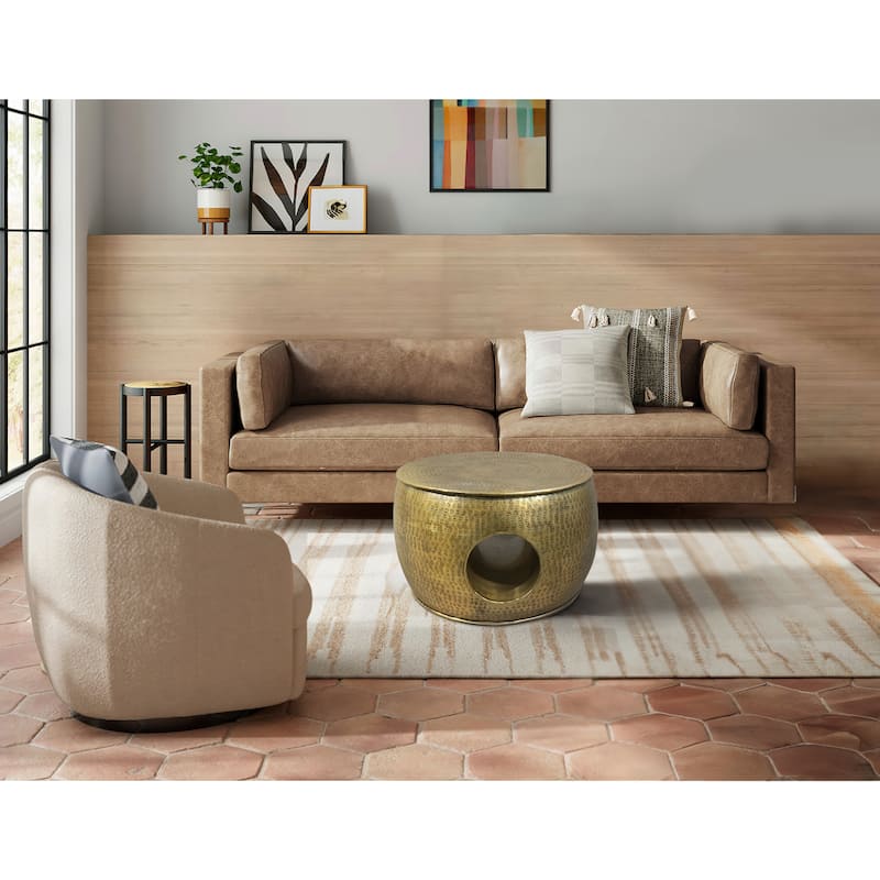 Nala 23 Inch Coffee Table, Low Round Drum Shape with Unique Hollow Center, Antique Brass Aluminum
