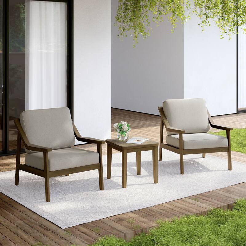 Outdoor Wood Cushioned Patio Set of 2 Accent Chair with Side Table - Natural Wood - Light Camel