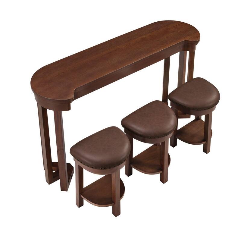 4-Piece Bar Table Set with Solid Pine Wood Legs and PU Upholstered Stools for Dining and Entertaining