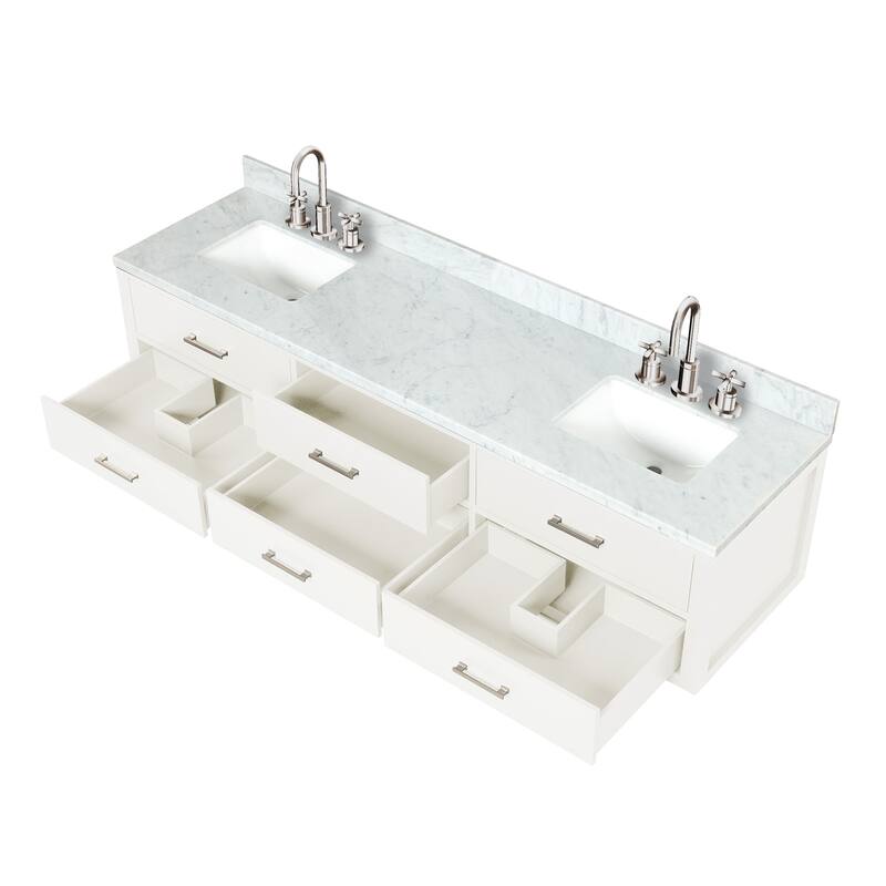Lexora Castor Double Bath Vanity, Carrara Marble Top, Faucet Set, and Mirrors