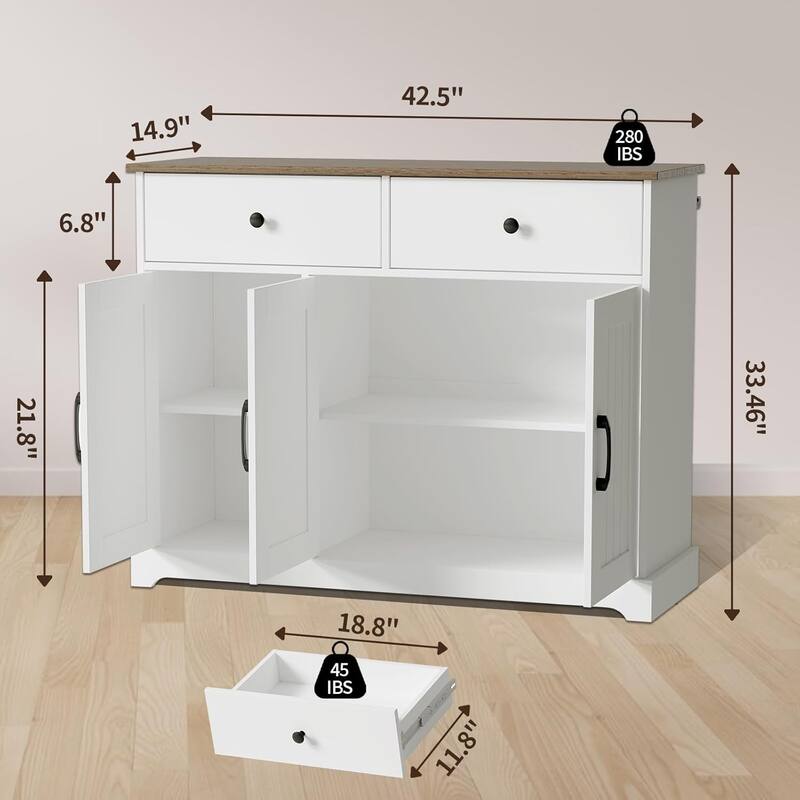 Buffet Cabinet with Drawers, Large Kitchen Buffet Storage Cabinet with Adjustable Shelves