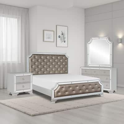 Badra Four Pc Queen Bedroom Set, Crystal Tufted Gray Faux Leather, Silver Mirror Trim