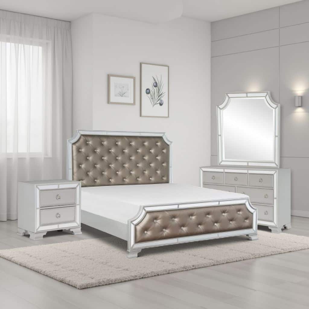 Badra Four Pc Queen Bedroom Set, Crystal Tufted Gray Faux Leather, Silver Mirror Trim
