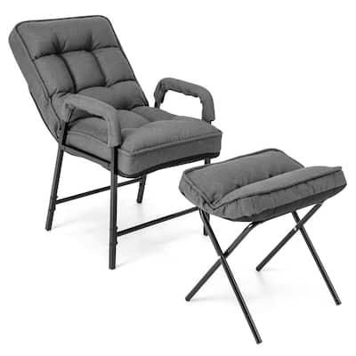Gymax Modern Accent Chair with Ottoman Linen Fabric Arm Chair with