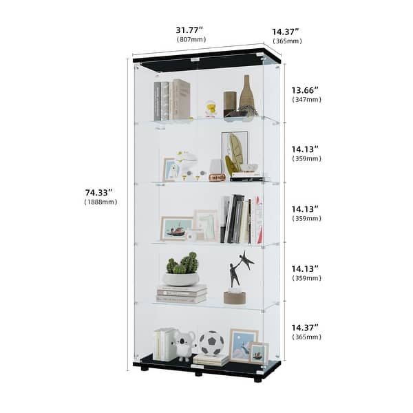 dimension image slide 18 of 24, Glass Display Cabinet with Doors & Locks, Acrylic Shelves, Floor Standing Storage Showcase for Home or Office