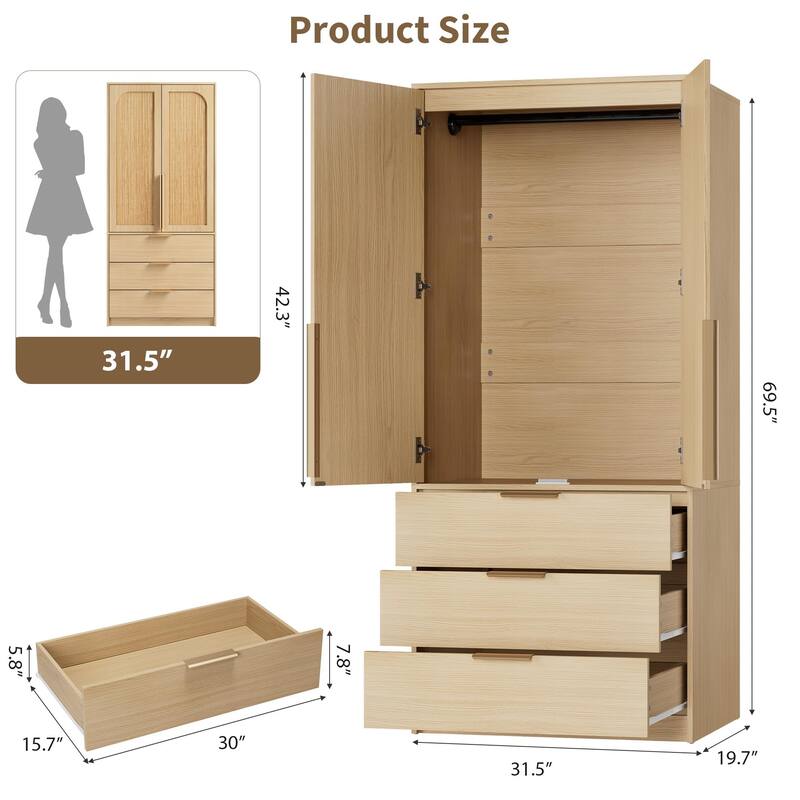 69.5" Armoire Wardrobe Closet with Rattan Doors, 3 Drawers & Hanging Rod, Wooden Storage Cabinet for Bedroom