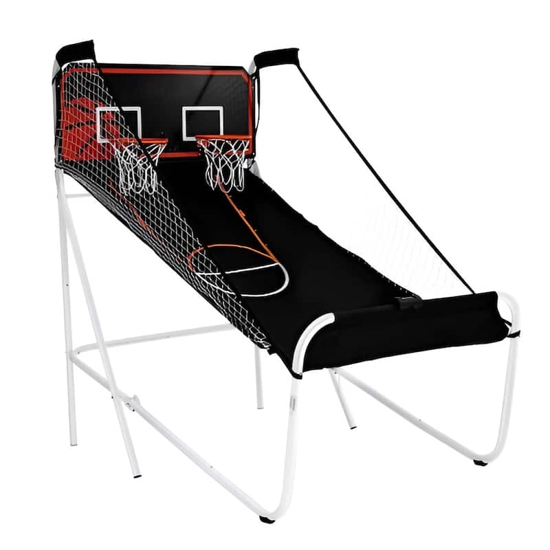 Black-White Steel Dual Hoop Basketball Arcade Game with 8 Games Modes and Foldable Frame - 80” L x 54” W x 81” H