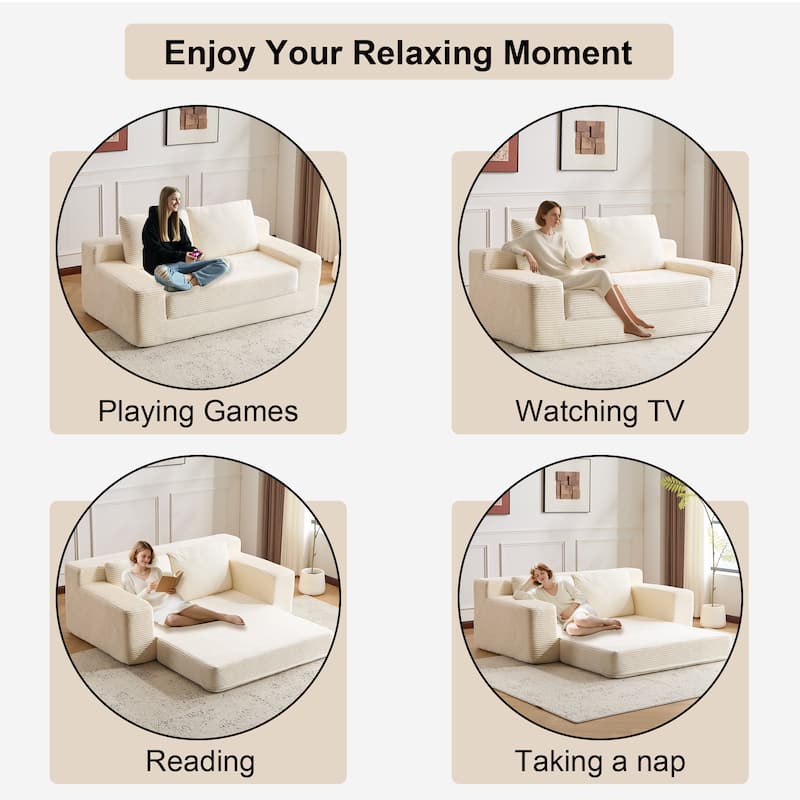 Floor Corduroy Deep Seat Loveseat Sofa with Folding Mattress Convertible Sleeper Sofa Bed with Reversible Cushion and Pillows