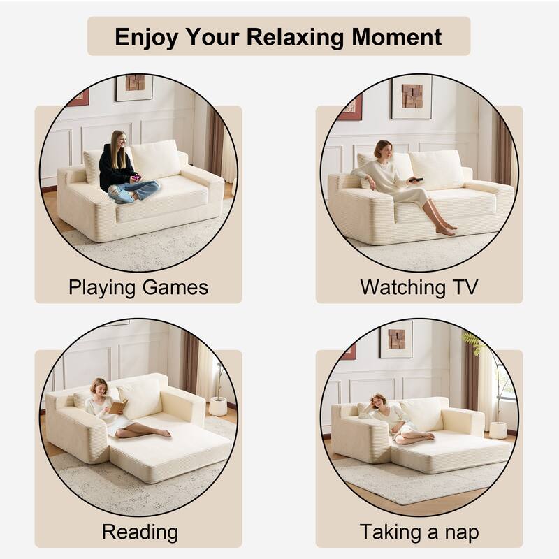 Loveseat Sofa Bed with Reversible Cushions - Deep Seat Corduroy Couch, No Assembly Required for Bedroom/Living Room