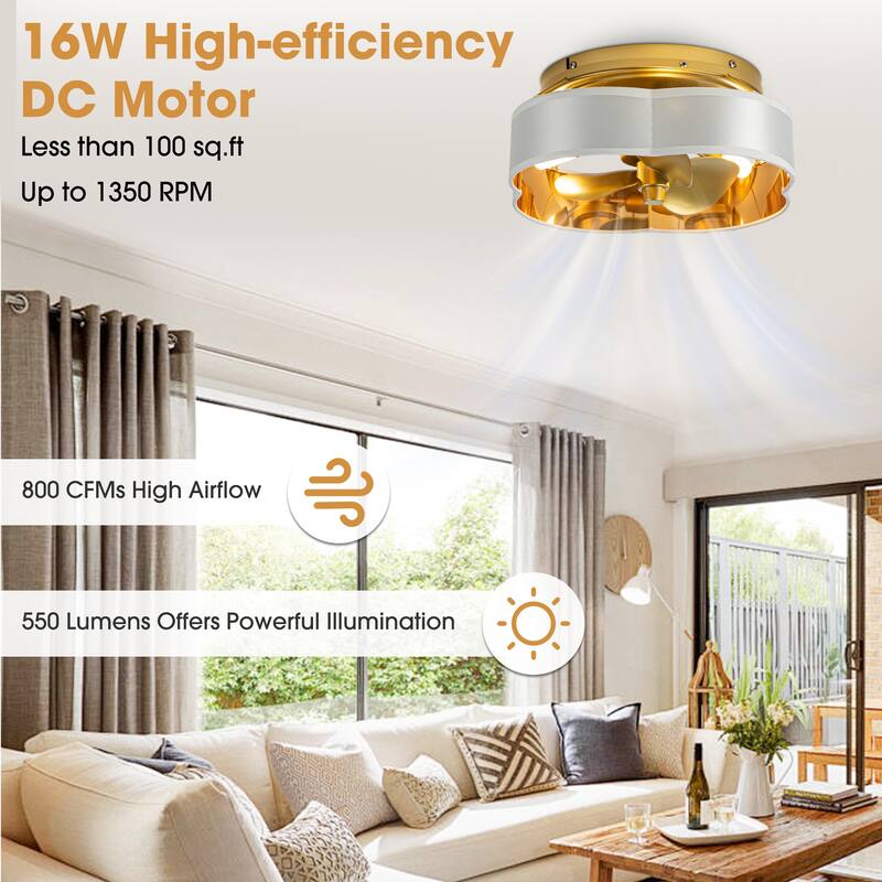 13-inch Gold Modern Caged Fandelier Flush Mount LED Ceiling Fan with Remote