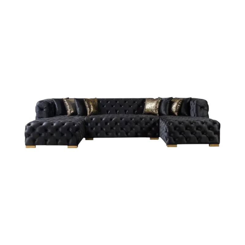 HomeRoots Tufted Black Velvet Modular U Shaped Sofa and Chaise Sectional With Toss Pillows
