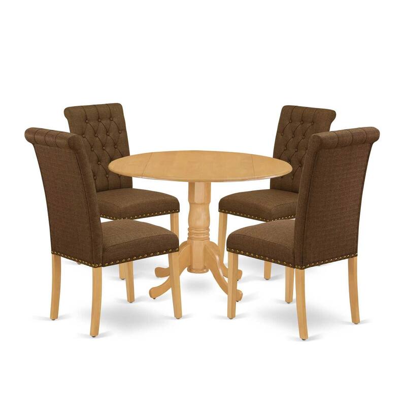 5-Piece Round Dinette Set - Kitchen Table with Drop Leaves & 4 Parsons Chairs - Oak Finish, Dark Coffee Fabric - 42