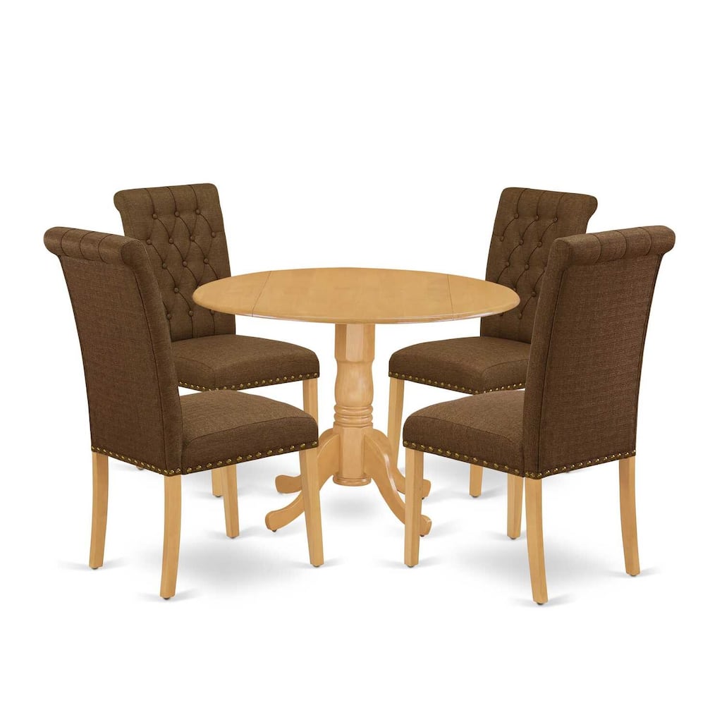 HomeStock 5-Piece Round Natural Oak Finish Solid Wood Top Dining Table with 4-Parson Chair with Drop Leaf Lattice Back