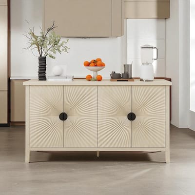 58" Carved Wood Grain Sideboard Storage Cabinet with Adjustable Shelf and Semi-Circular Handles for Dining or Coffee Bar Use
