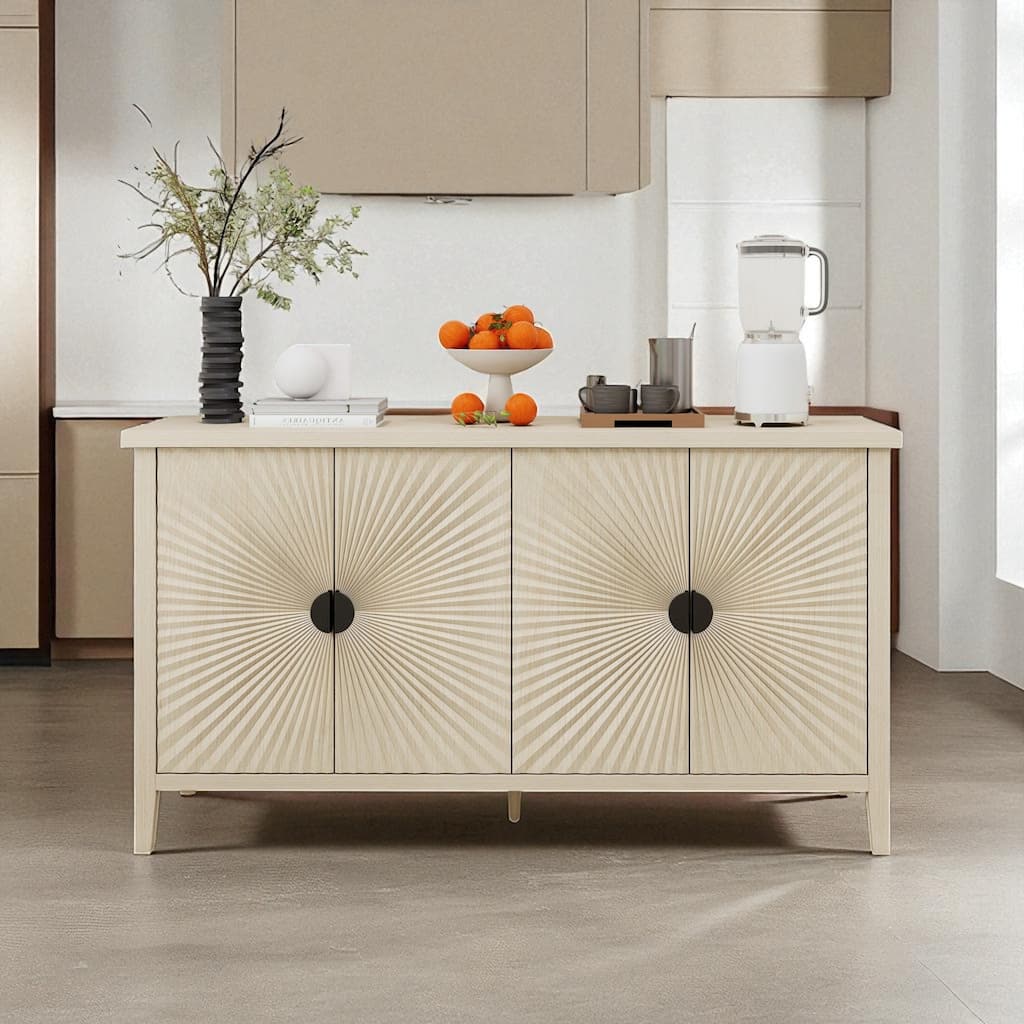 58" Carved Wood Grain Sideboard Storage Cabinet with Adjustable Shelf and Semi-Circular Handles for Dining or Coffee Bar Use