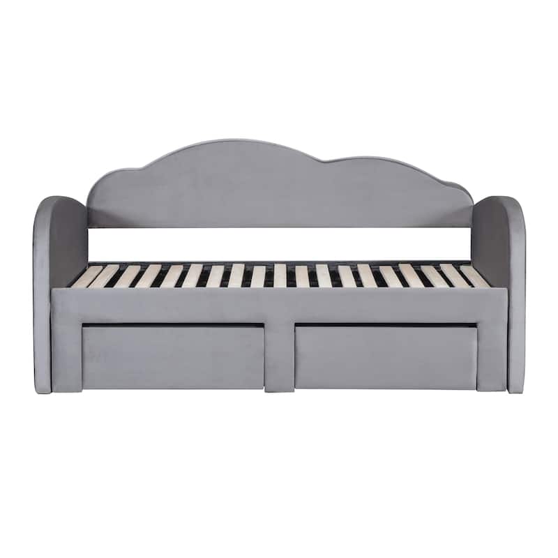 Twin Size Upholstered Daybed with 2 Storage Drawers and Trundle, Velvet Sofa Bed Frame with Cloud-Shaped Backrest and USB Ports
