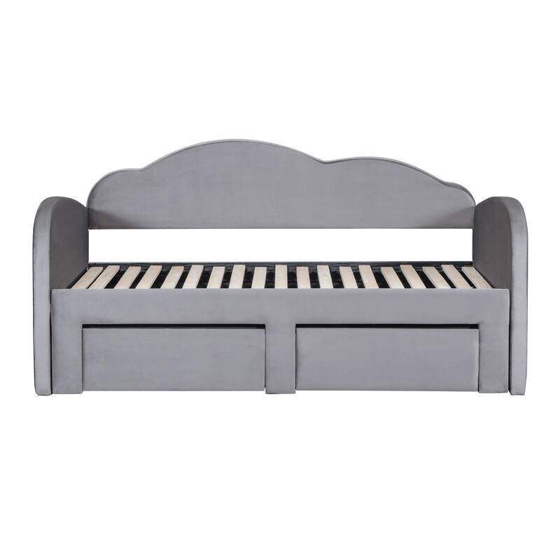 Cloud-Shaped Backrest Daybed, Twin To King Extendable Sofabed, Velvet Upholstered Platform Bed Frame with 2 Arc Armrests