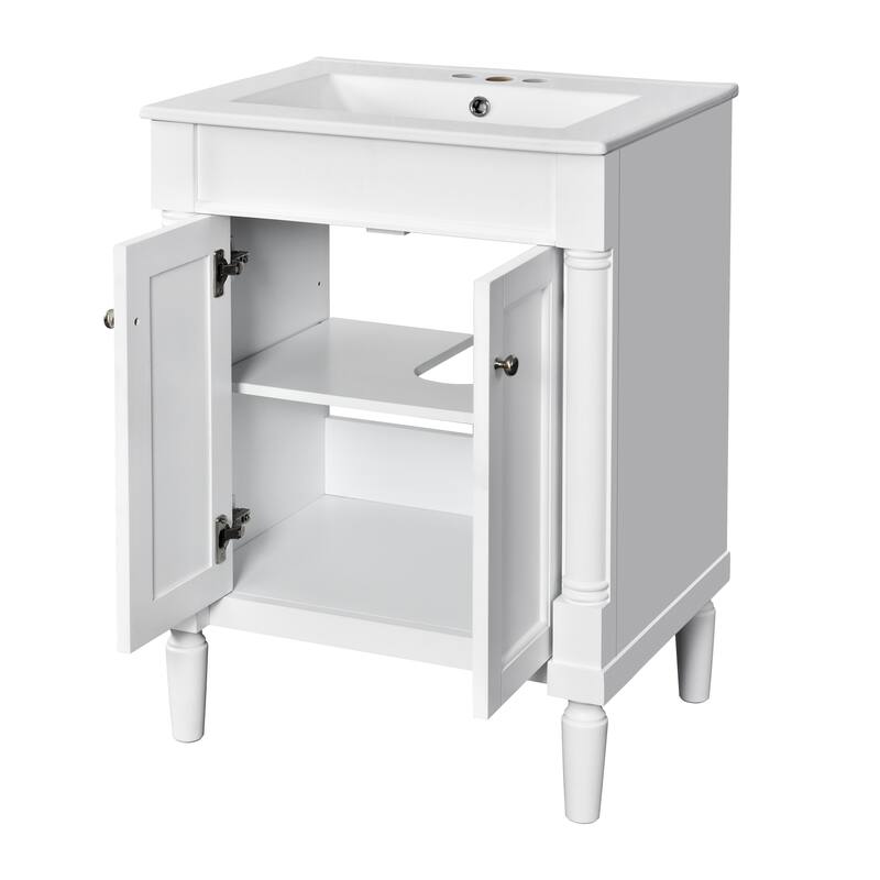GDFStudio - Halston 2-Tier Modern Bathroom Storage Cabinet with Ceramic Sink and Large Storage Shelves - 24'W