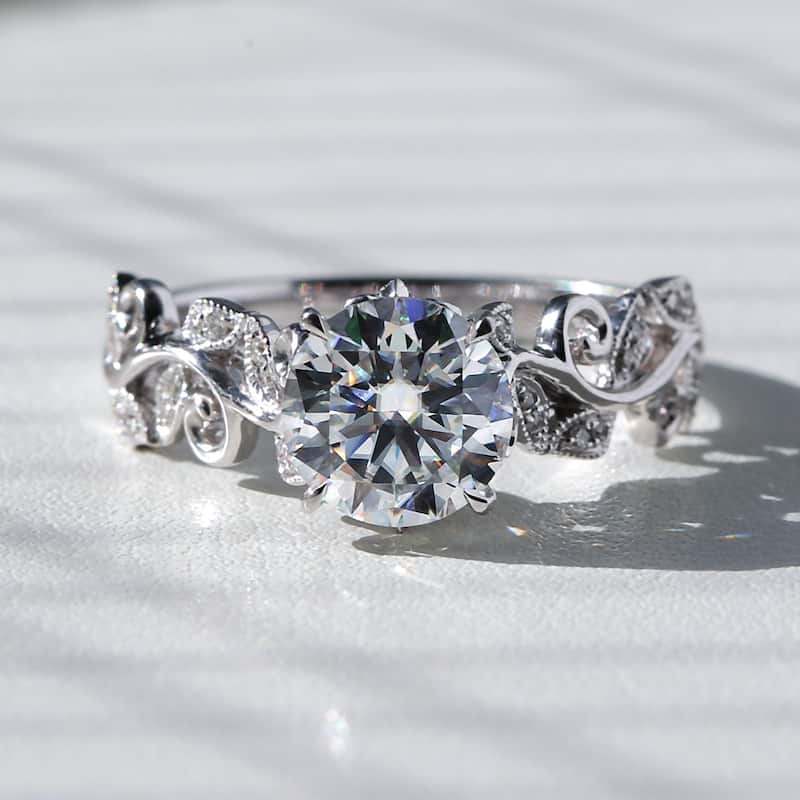 Kobelli 1.5 Carat Moissanite & Diamond 14k Solid White Gold Floral Wreath Laurel Ring